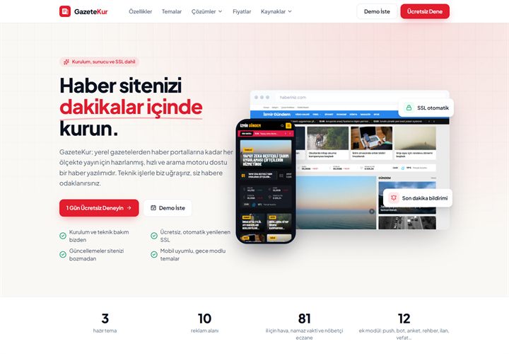 GazeteKur ana sayfasının ekran görüntüsü